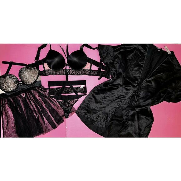 Victoria's Secret 34D BRA SET+M strappy thong+BABYDOLL+ROBE Black lace VERY SEXY